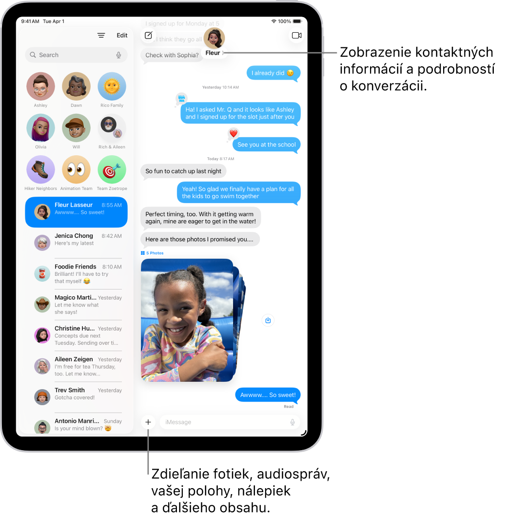 Zoznam konverzácií v apke Správy vľavo a prepis konverzácie vpravo. V hornej časti sa po klepnutí na ikonu kontaktu otvoria detaily konverzácie.