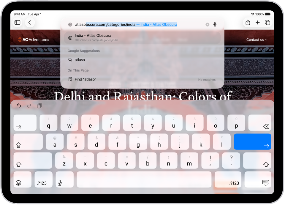 Vo vyhľadávacom poli je zadané slovo „atlas“ a zvyšok URL adresy je automaticky vyplnený. Pod vyhľadávacím poľom sa zobrazujú návrhy Vyhľadávania Google.