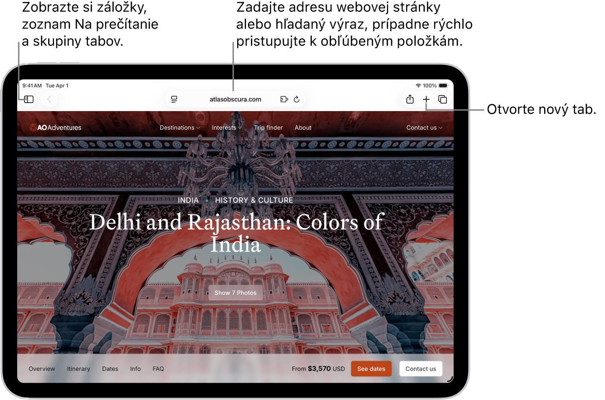 Otvorená webová stránka. Pozdĺž horného okraja sa zľava doprava nachádza tlačidlo Postranný panel, tlačidlo Predošlá, vyhľadávacie pole, tlačidlo Zdieľať, tlačidlo Nový tab a tlačidlo Prehľad tabov.