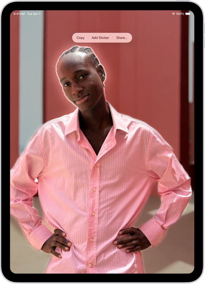 Fotografija je odprta v knjižnici aplikacije Fotografije. Predmet na sredini fotografije je orisan in nad njo so prikazani gumbi Kopiraj, Poišči, Dodaj nalepko in Deli.