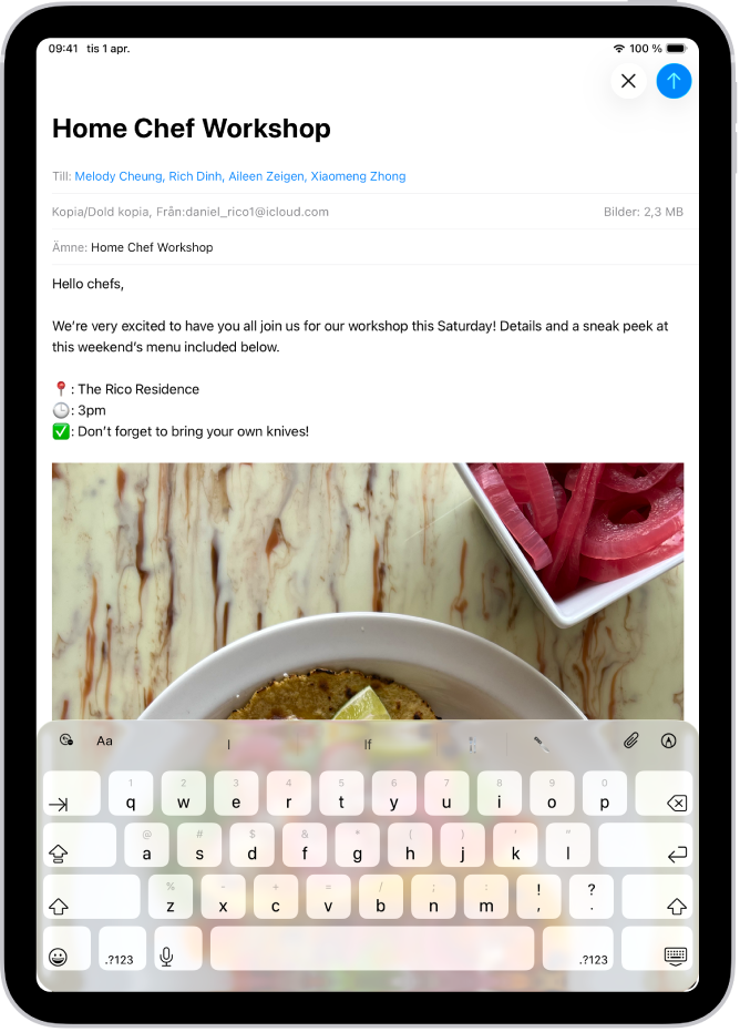 Ett öppet mejlutkast i Mail-appen. I det övre högra hörnet finns knappen för att skicka mejlet. Tryck på knappen för att skicka mejlet, eller håll på knappen för att schemalägga en tidpunkt om du vill skicka det senare.
