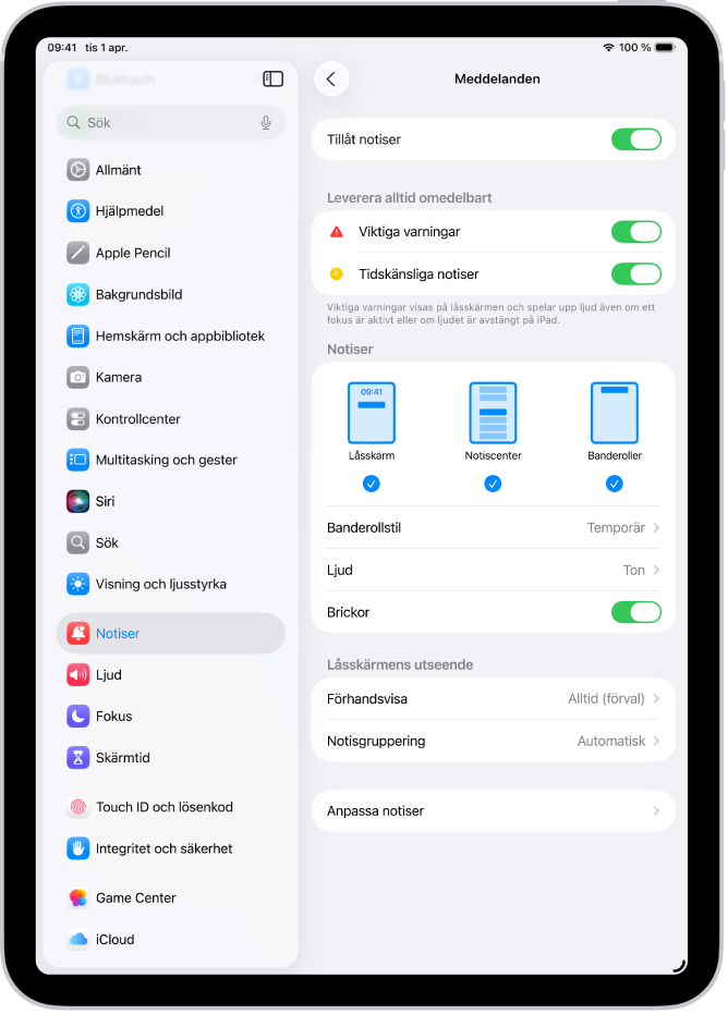 Notisinställningar för Meddelanden i Inställningar.