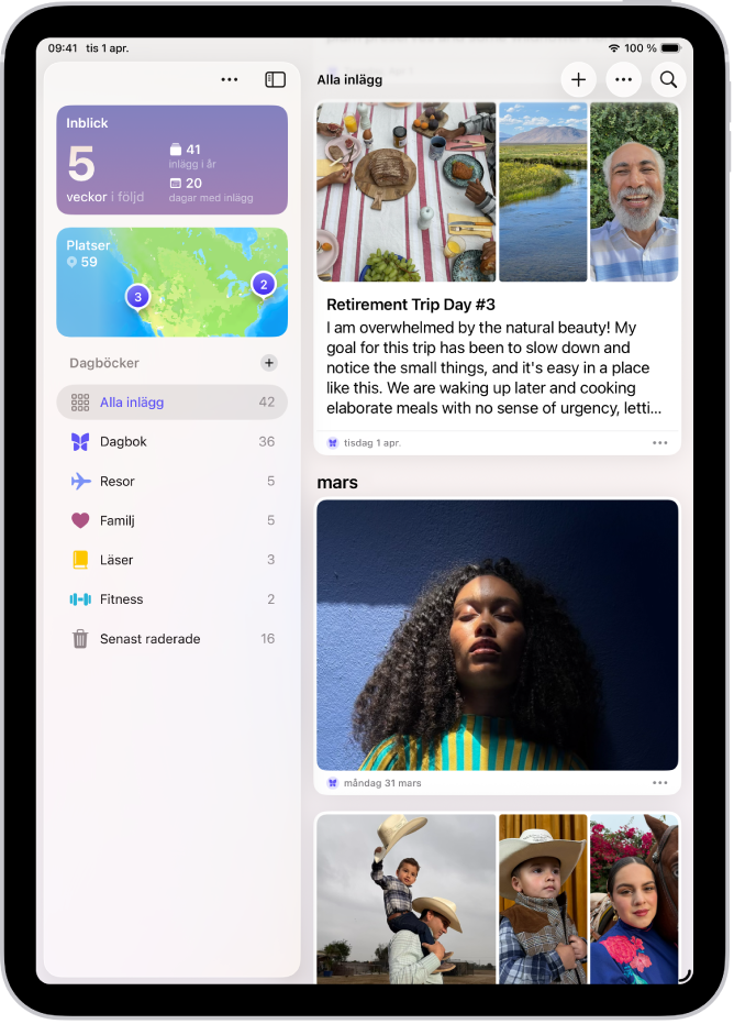 En skärm i appen Dagbok visar dagboksinlägg med knappen Sök överst till höger.