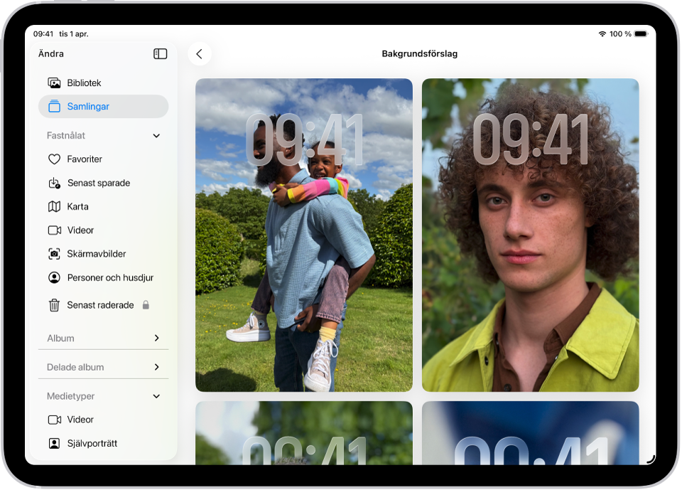 Bakgrundsförslag är öppet i appen Bilder. Automatiskt genererade kombinationer av bilder, filtereffekter och typsnitt till urtavlor visas som förslag.