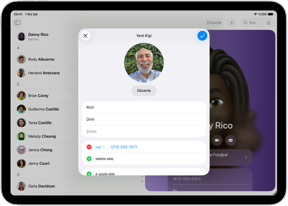 Kişiler uygulamasındaki Yeni Kişi penceresi.
