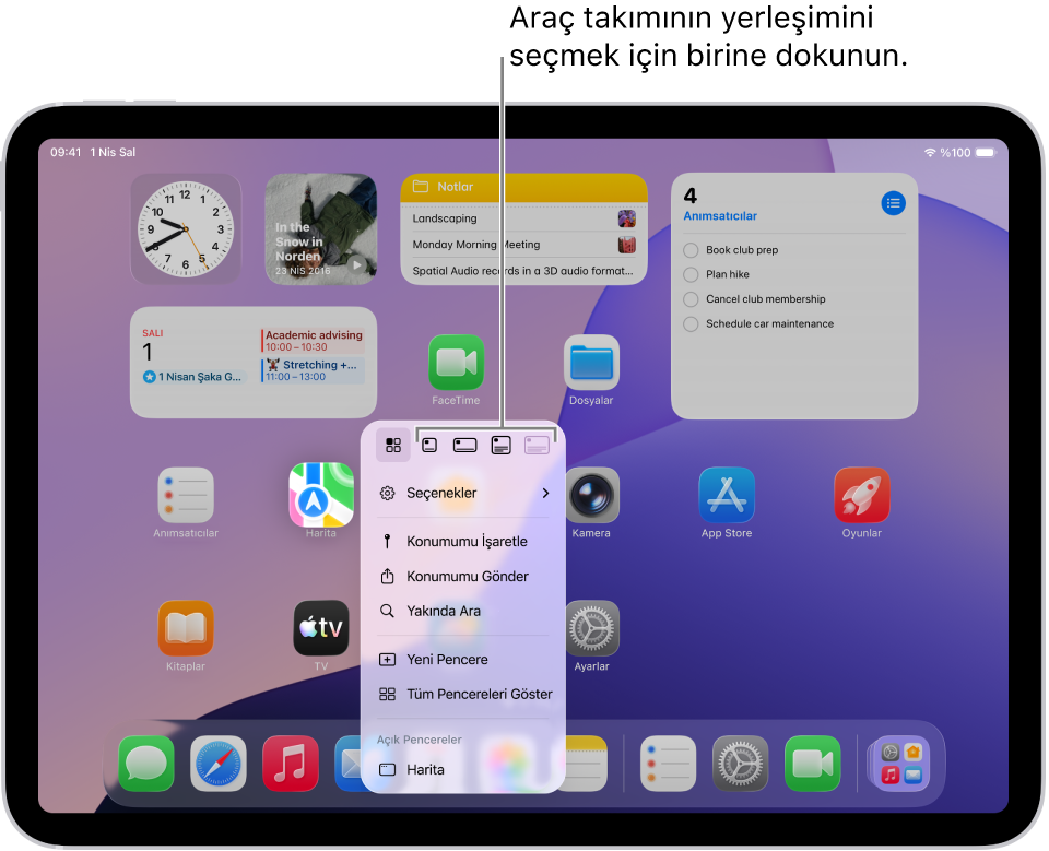 Uygulama simgesini uygulama araç takımına dönüştürmek için kullanılan bir uygulama açılır menüsünü gösteren ana ekran.