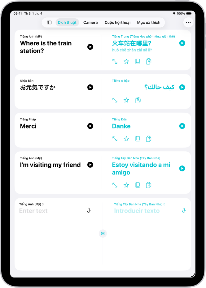 Màn hình Dịch thuật, đang hiển thị các cụm từ được dịch từ Tiếng Anh sang Tiếng Trung, Tiếng Nhật sang Tiếng Ả Rập, Tiếng Pháp sang Tiếng Đức và Tiếng Anh sang Tiếng Tây Ban Nha. Ở trên cùng, từ trái sang phải là các nút Hiển thị thanh bên, Dịch, Camera, Cuộc hội thoại, Mục ưa thích và Thêm.