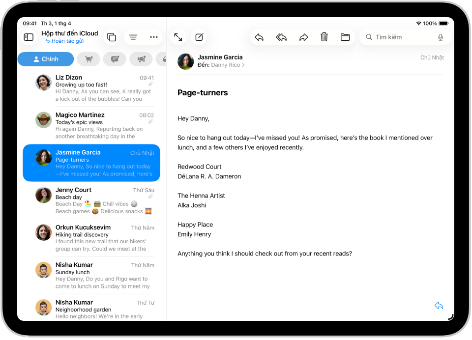 Hộp thư đến Mail, với một danh sách các thư ở bên trái và một thư được mở ở bên phải. Nút Hoàn tác gửi (để thu hồi thư đã gửi gần đây) nằm ở cuối danh sách thư.