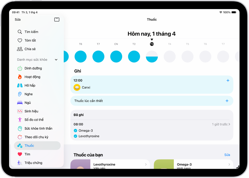 Màn hình Thuốc trong Sức khỏe đang hiển thị ngày và một bản ghi cho các loại thuốc.