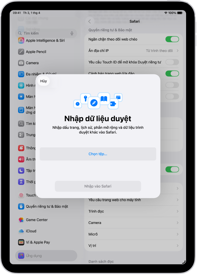 Màn hình Nhập dữ liệu duyệt, hiển thị dữ liệu từ một trình duyệt khác sẽ được nhập vào Safari.