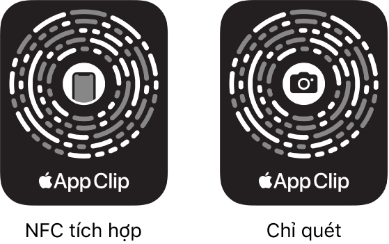 Ở bên trái, Mã ứng dụng thu nhỏ được tích hợp NFC với một biểu tượng iPhone ở giữa. Ở bên phải, Mã ứng dụng thu nhỏ chỉ quét với biểu tượng camera ở giữa.