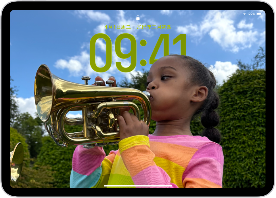 iPad 锁定屏幕包含填满屏幕的自定义照片。