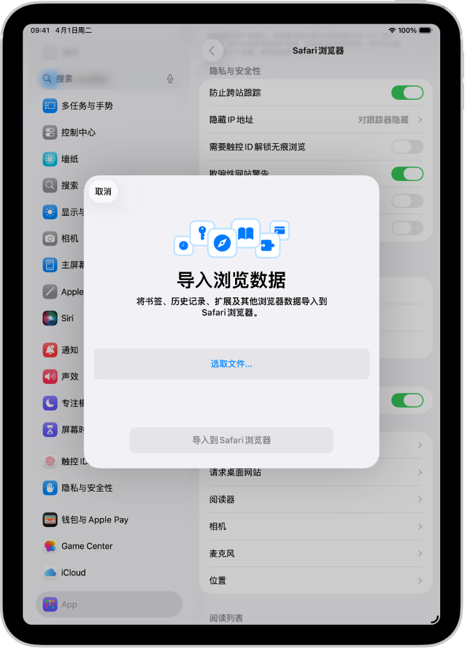“导入浏览数据”屏幕,显示要导入到 Safari 浏览器的其他浏览器数据。