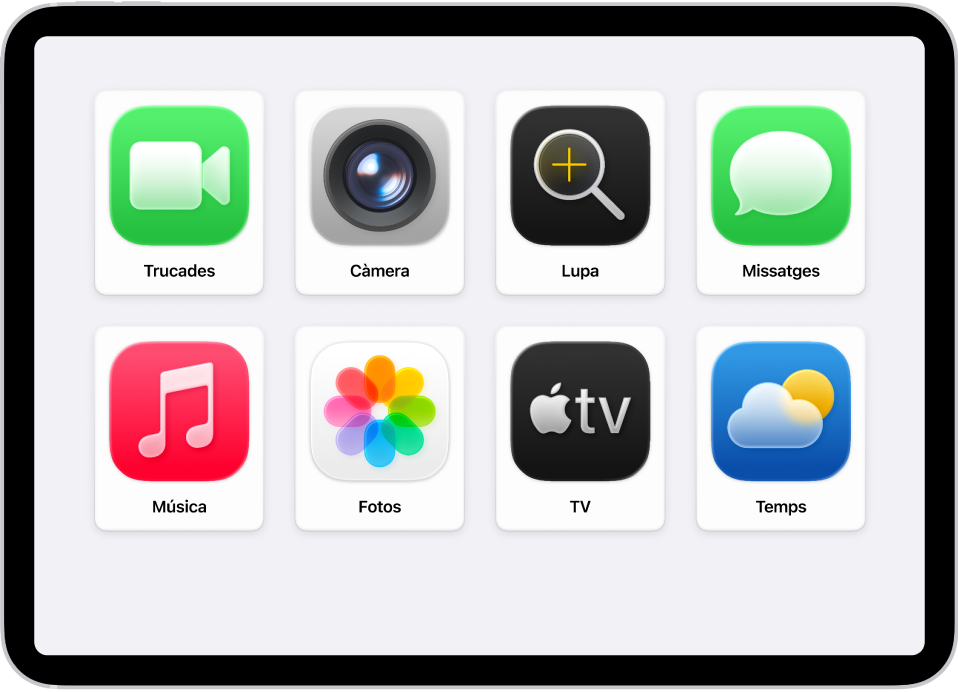 Un iPad en què es veu la pantalla d’inici d’ús assistit amb una gran graella d’apps.