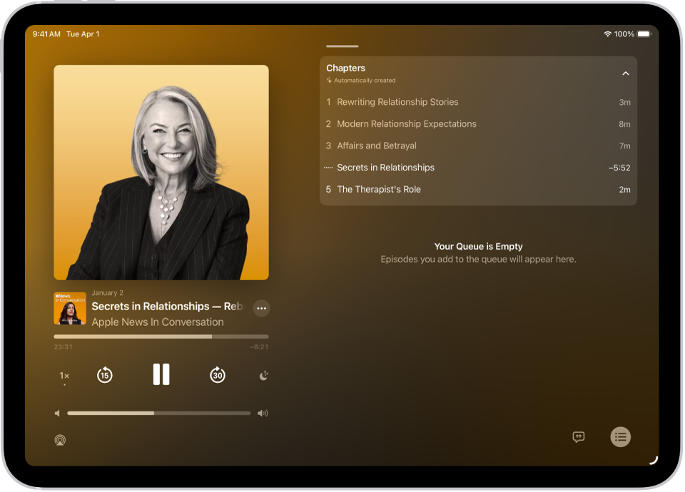 The Now Playing screen in the Podcasts app, showing the podcast artwork, the episode title, the playback controls, and the volume slider. At the right of the screen is a list of chapters. At the bottom of the screen is the AirPlay icon, the View Transcript button, and the Playing Next button.