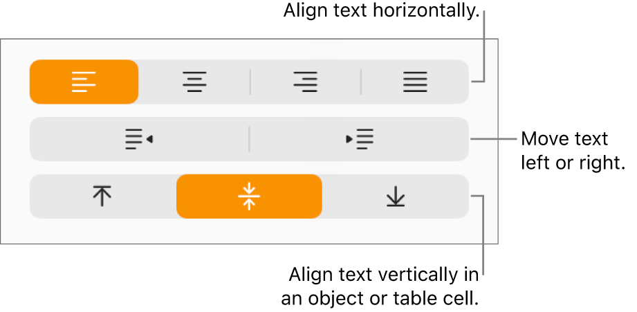 The Alignment section with a call out to the text alignment and spacing buttons.