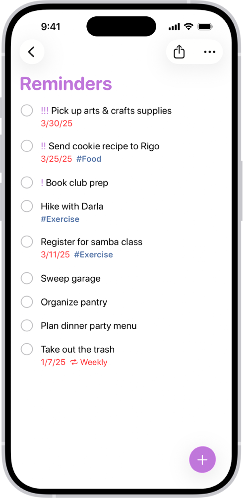 The Reminders app, showing a new task being added to the Reminders list.