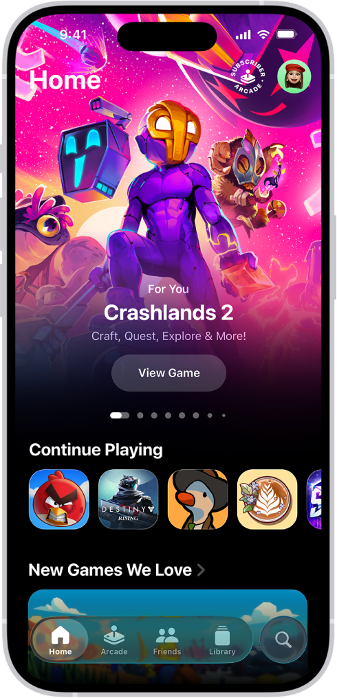 The Apple Games app showing the Home tab, which displays games to continue playing and new releases.