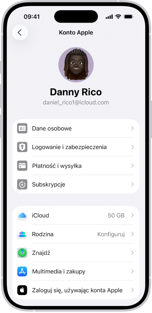 Ustawienia konta Apple zawierające listę opcji, w tym dane osobowe, subskrypcje, usługę Znajdź i inne.