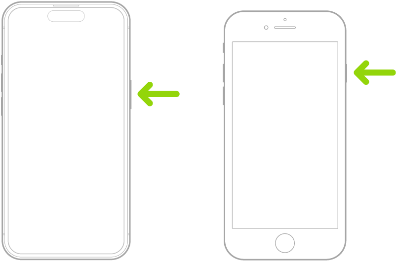 Uma seta verde a apontar para o botão no lado direito do iPhone.