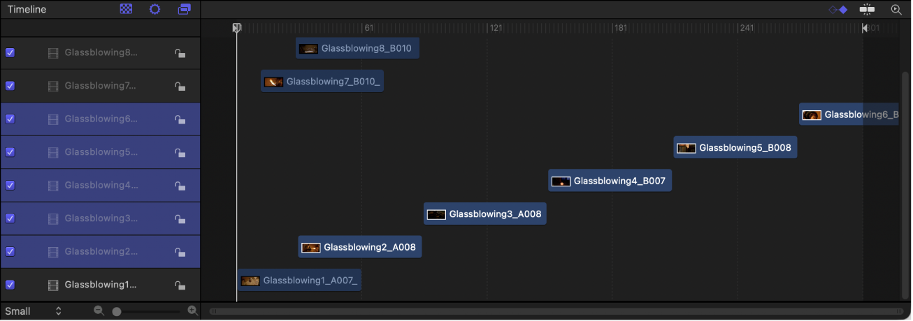 Timeline mit ausgewählten Ebenen, die direkt aufeinanderfolgend angeordnet sind