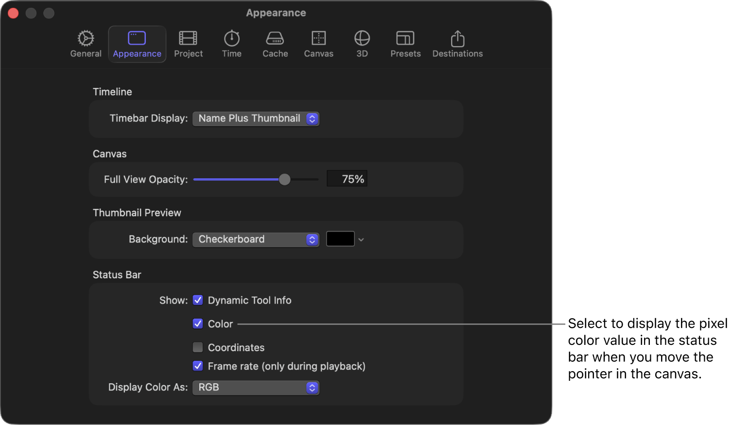 Fenster „Einstellungen“ von Motion mit dem Bereich „Erscheinungsbild“ > „Statusleiste“ und der ausgewählten Option „Farbe“