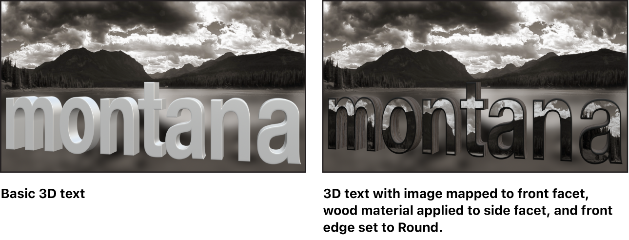 Lienzo con texto 3D básico y texto 3D con una imagen personalizada aplicada en el lado frontal, madera aplicada en el lado lateral y borde frontal ajustado en Redondo