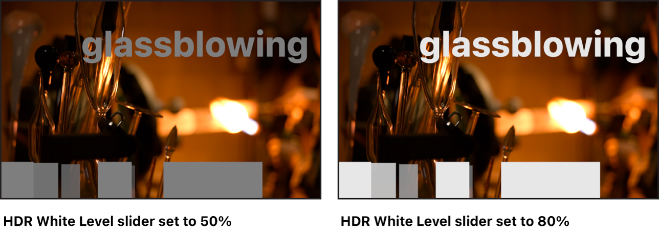 Lienzo donde se muestran los efectos de ajustar el regulador “Nivel de blanco HDR” en un proyecto HLG con elementos SDR blancos.