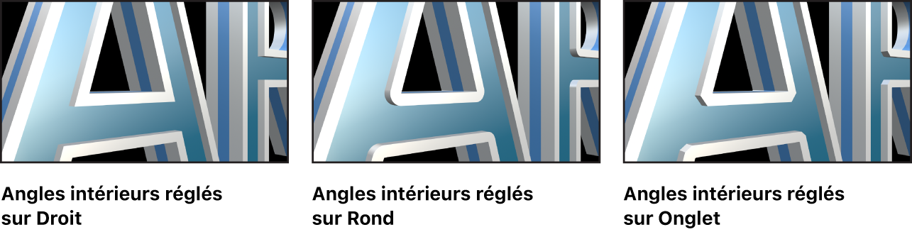 Texte 3D dans le canevas avec les Coins intérieurs réglés sur Droit, Rond et Angle