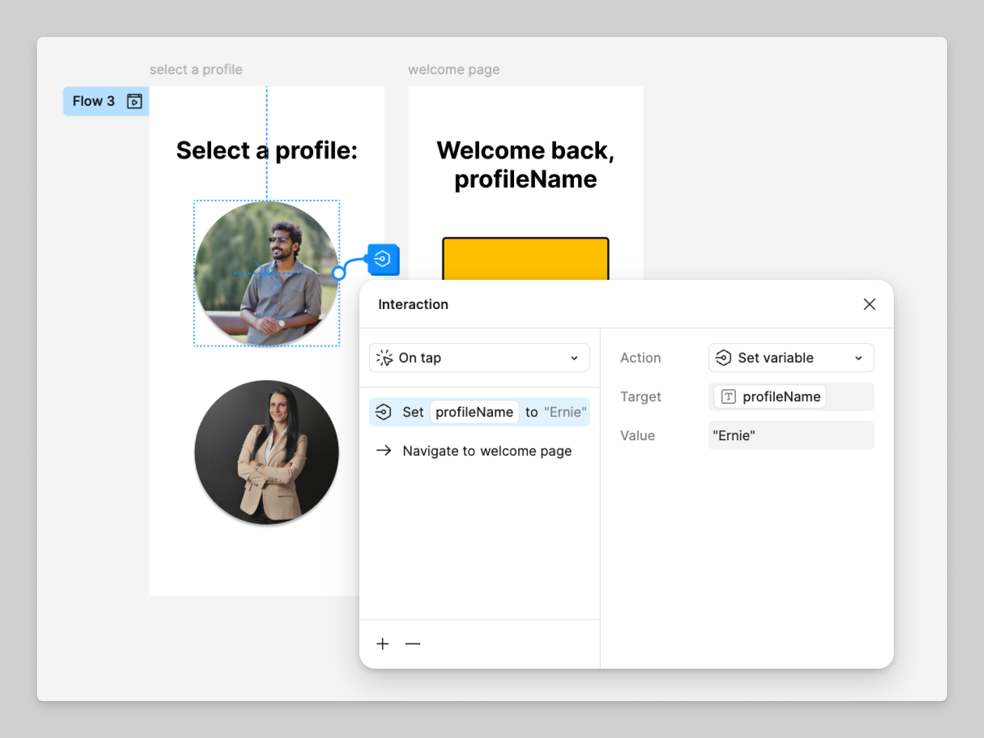Projekt z dwiema ramkami. Operacja prototypu jest ustawiona na obrazie w pierwszej ramce. Po kliknięciu obrazu zmienna profileName (Nazwa profilu) zaktualizuje swoją wartość, a prototyp przejdzie do następnej ramki.