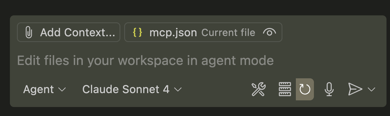 Copilot side panel gear icon for MCP settings in VS Code.