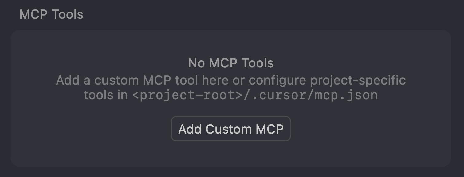 Cursor MCP settings screen showing Add Custom MCP button.