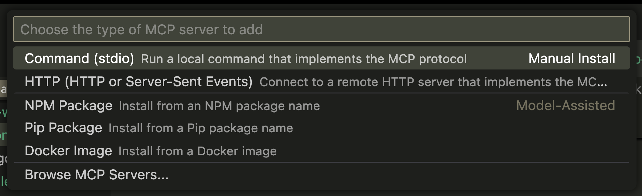 VS Code dialog for selecting MCP server type as stdio.