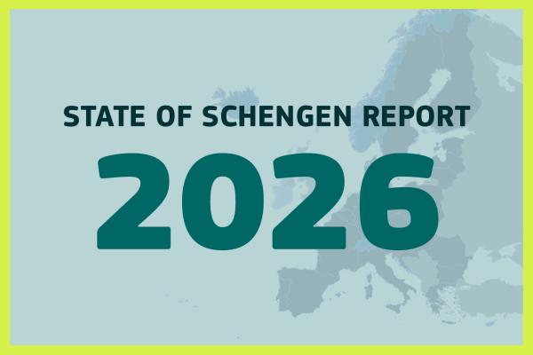 The visual shows the map of the Schengen states in the background. On top we read: "State of Schengen report, 2026".