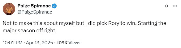 The golf glamour girl tweeted about how she had picked Rory to win the Masters this week