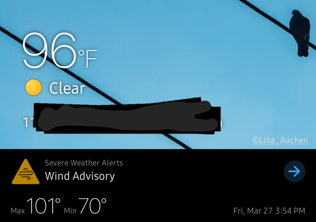 Screenshot of weather app, showing a current temperature of 96°F/35.5°C and a high of 101/38
