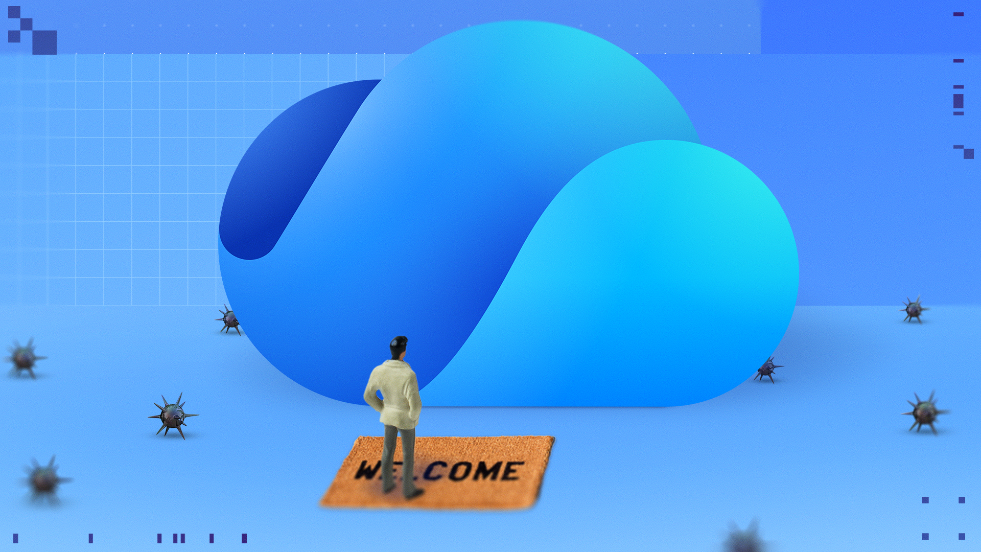 OneDrive logo surrounded by mines with a person in front of a welcome mat
