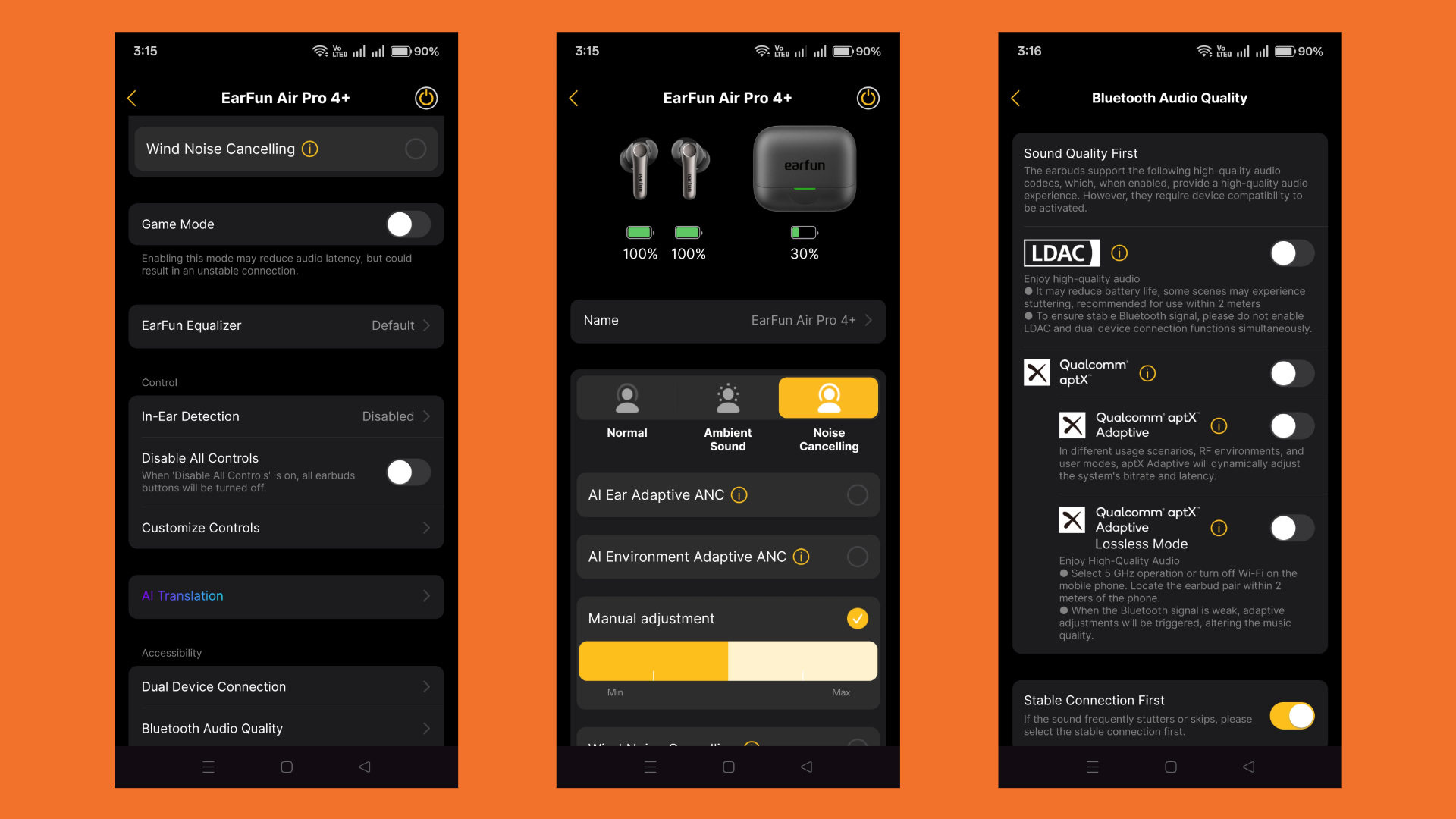 A screenshot from the EarFun Air Pro 4+ companion app