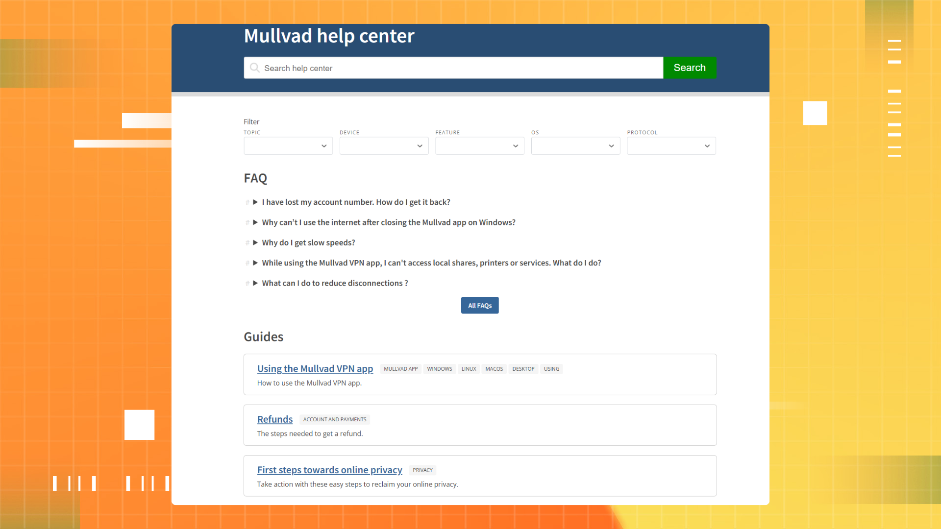 Mullvad's support center help page