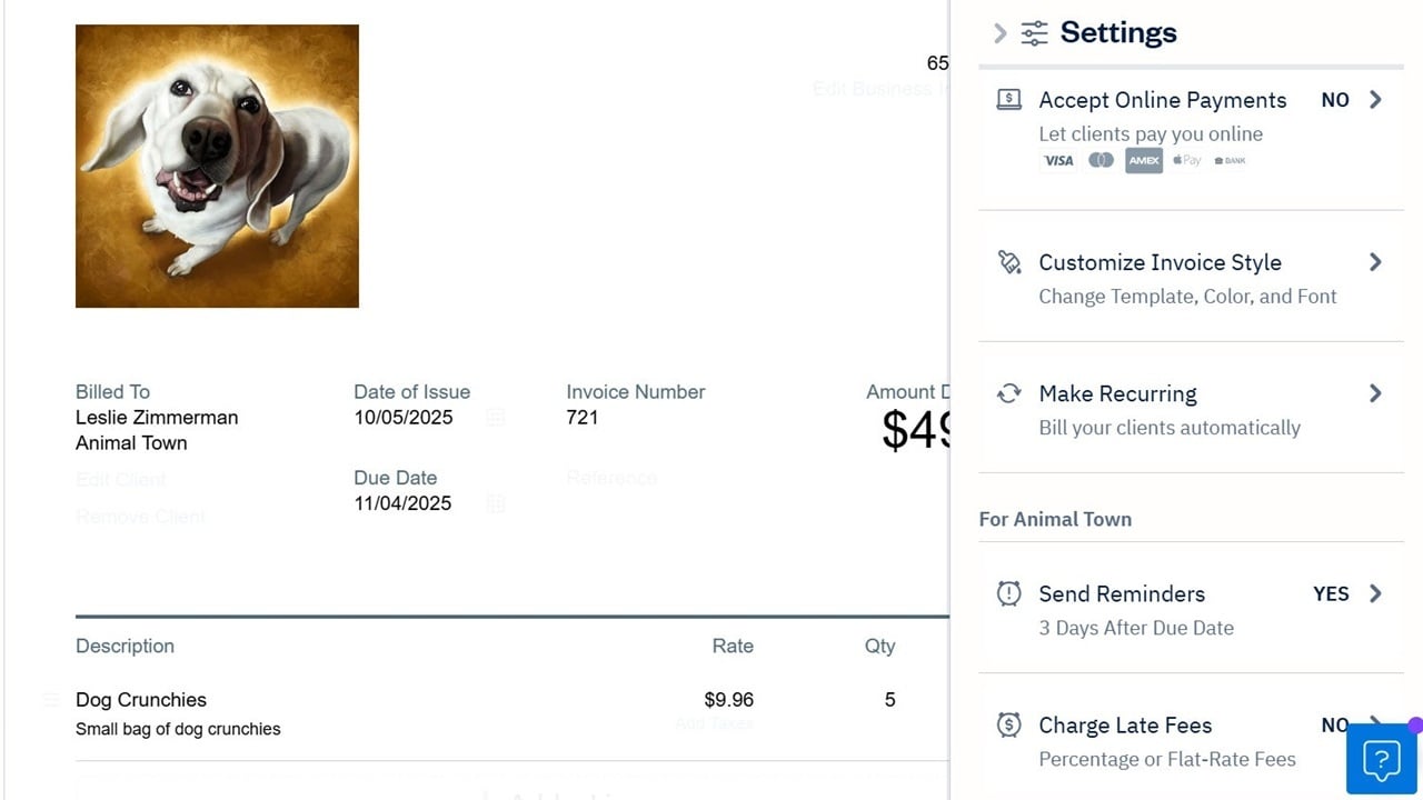 An invoice in progress with context-sensitive settings in a pane on right in FreshBooks