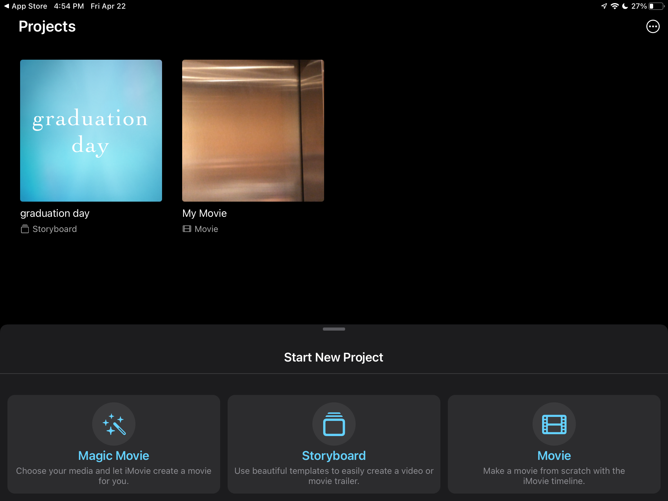 Starting options in iMovie on iOS and iPadOS