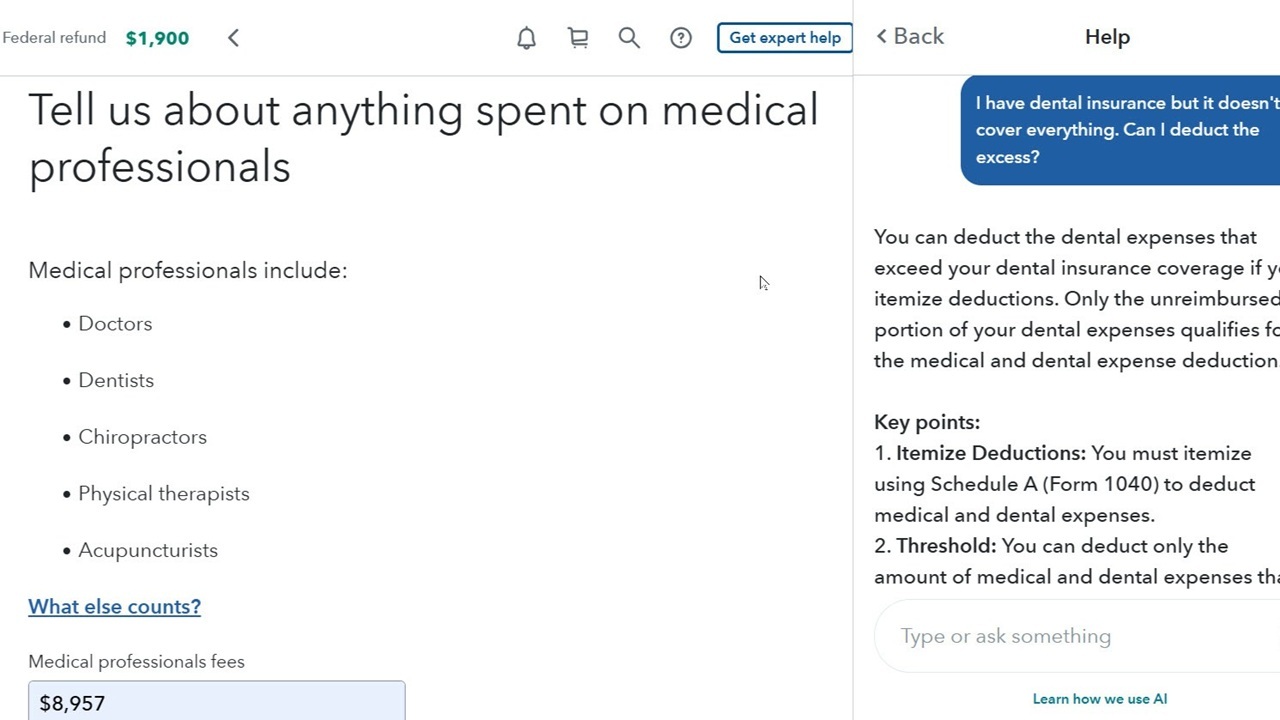 Medical expenses page in TurboTax
