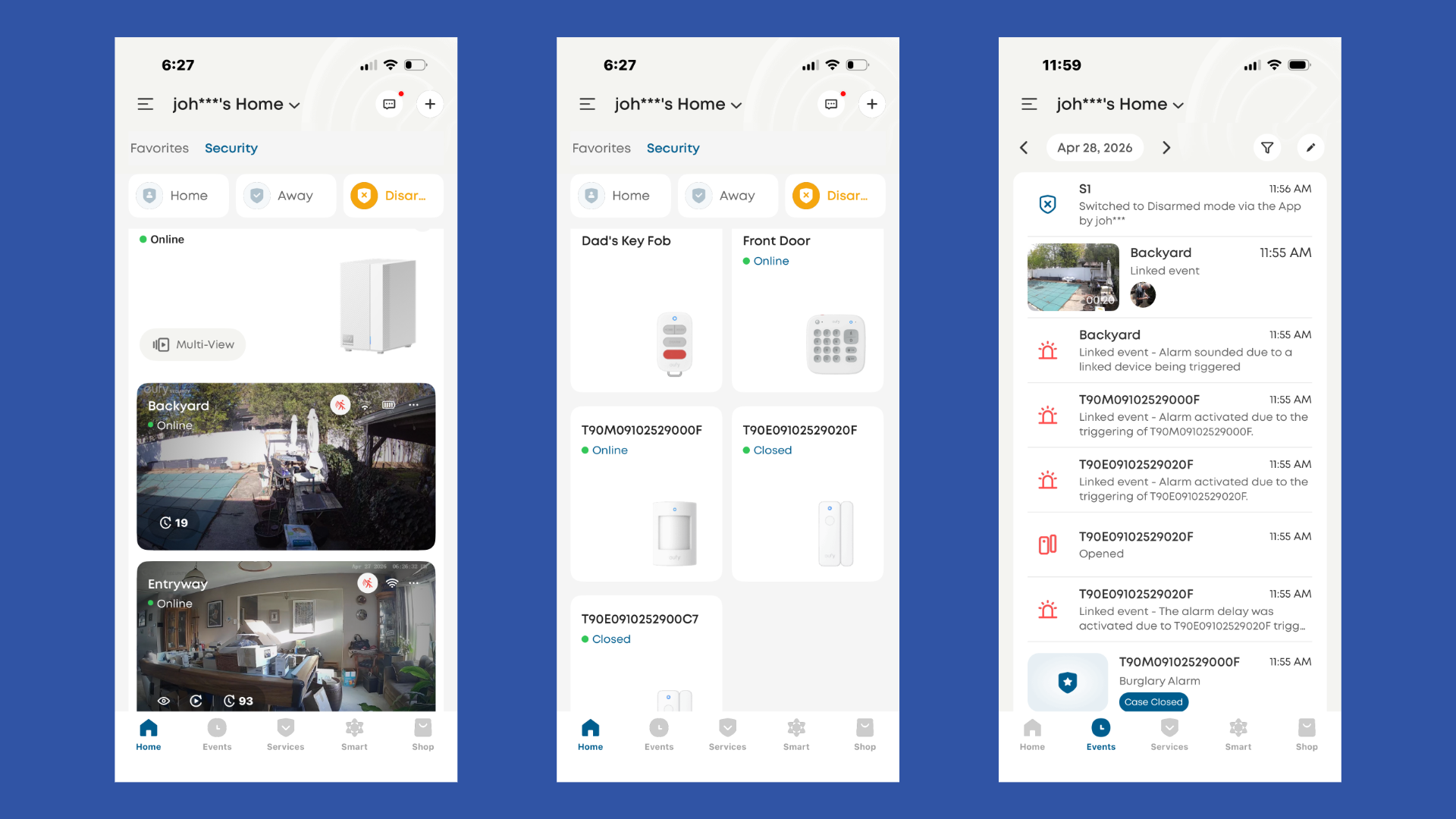A series of screenshots from the Eufy ExpertSecure System E10 companion app
