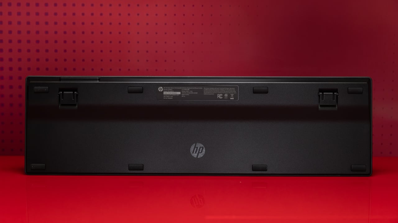 The back of the keyboard of the HP 725 Multi-Device Wireless Keyboard and Mouse Combo