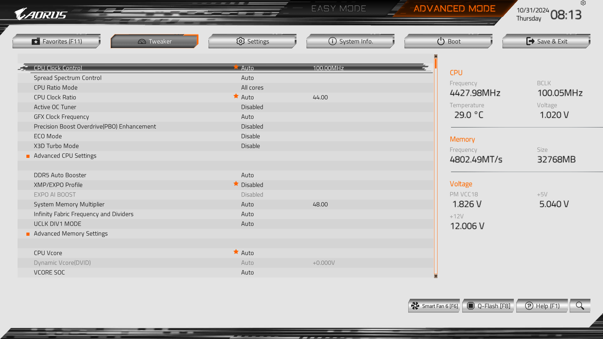 Gigabyte X870E Aorus Pro Ice BIOS Tweaker screen
