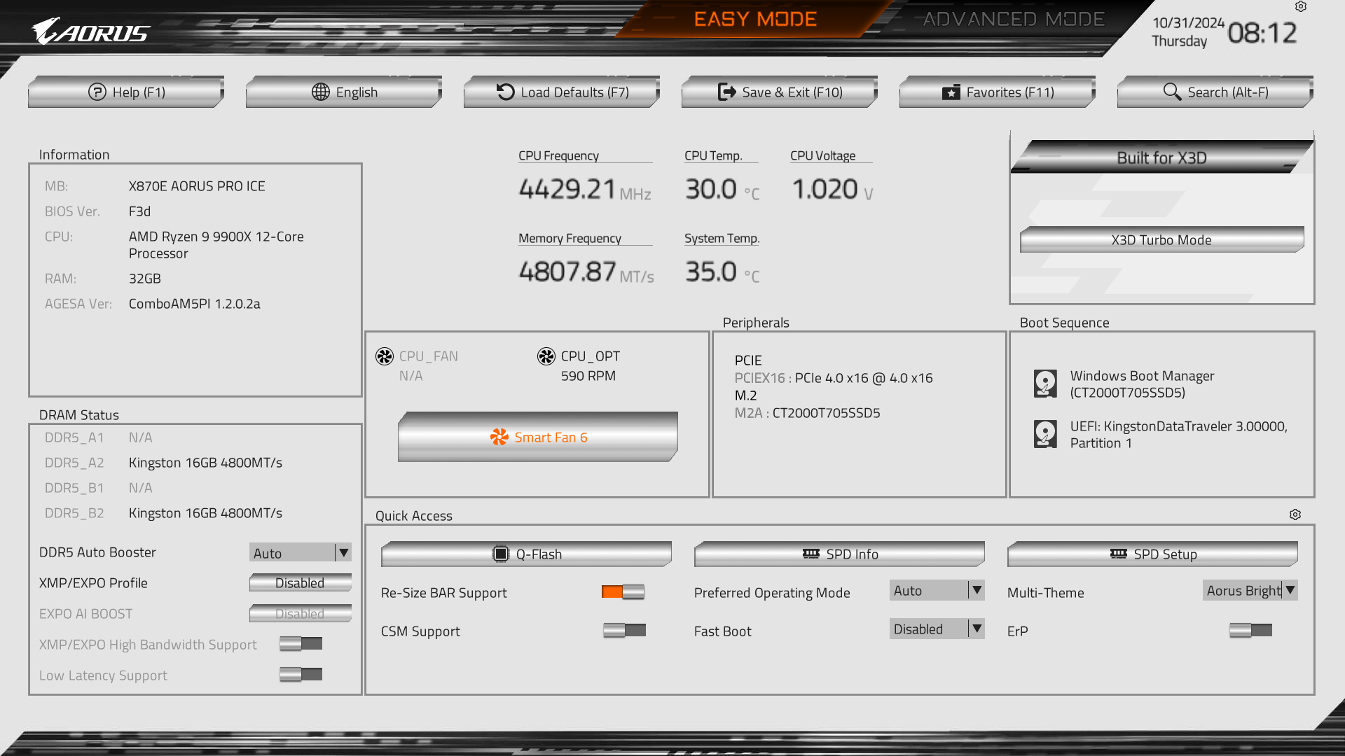Gigabyte X870E Aorus Pro Ice BIOS EZ Mode