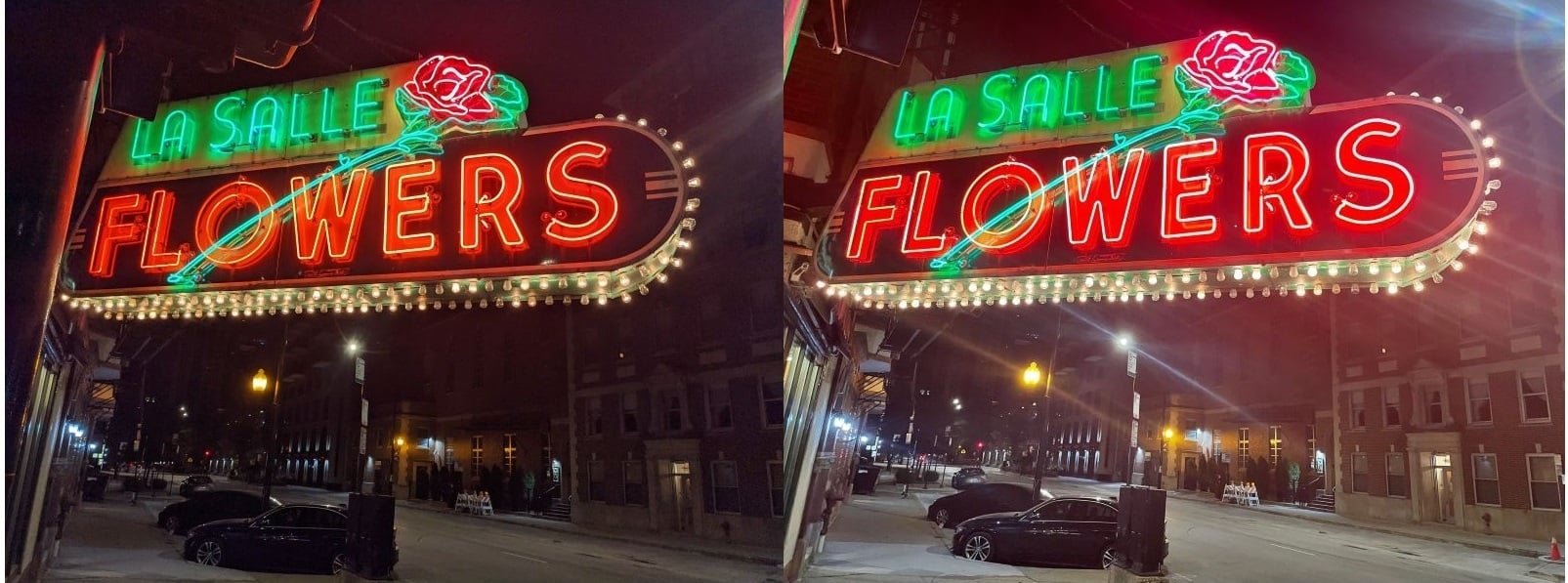 Comparison photos of a neon sign