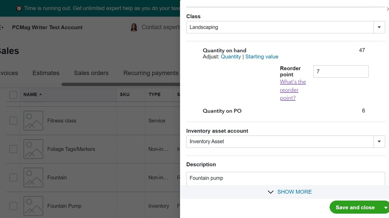 Product record in QuickBooks Online