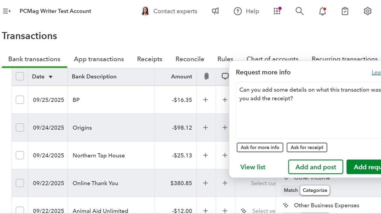 Transaction page showing a query for the originator of a transaction in QuickBooks Online