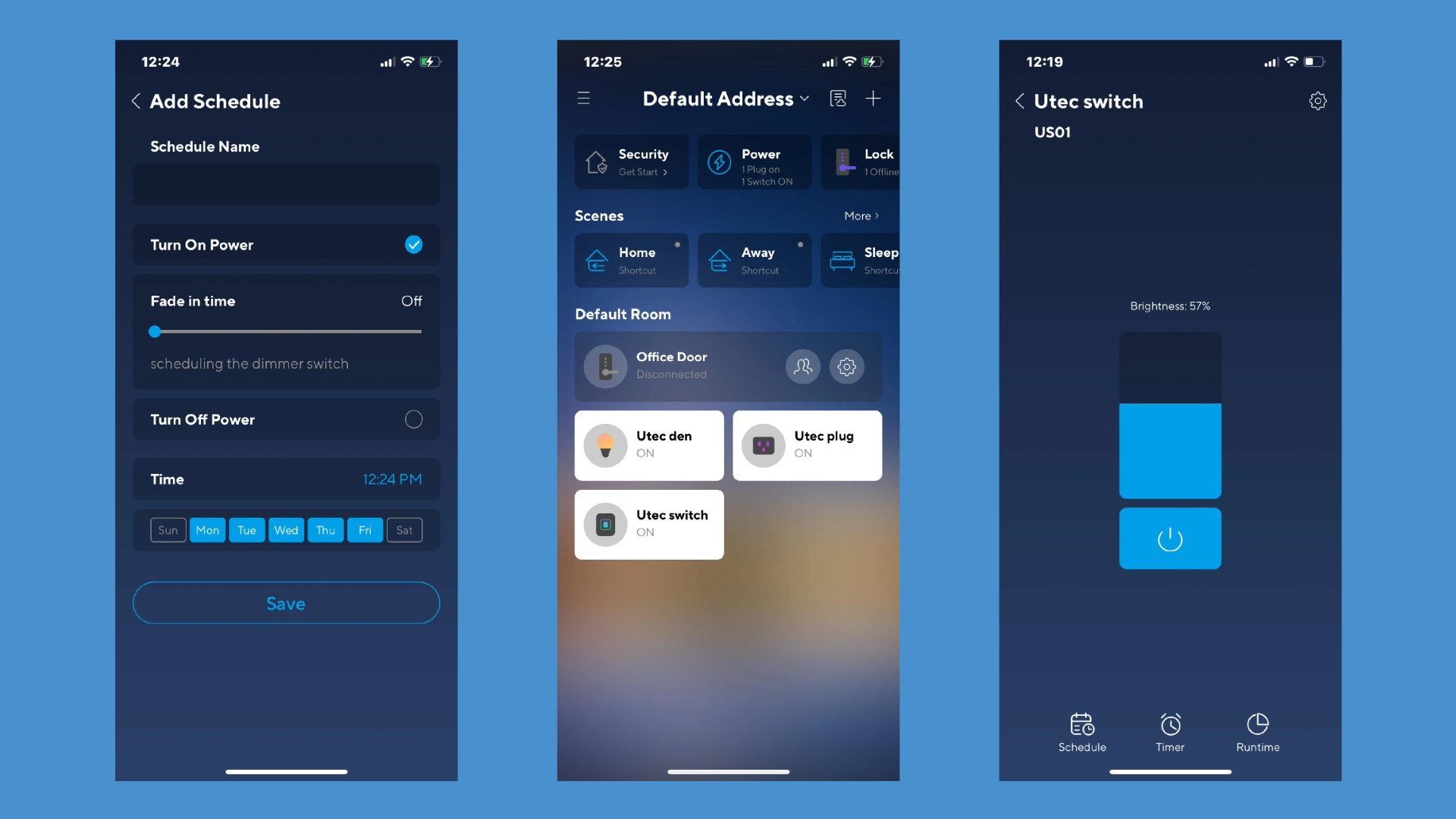 A series of screenshots from the U-tec Smart Dimmer Switch companion app